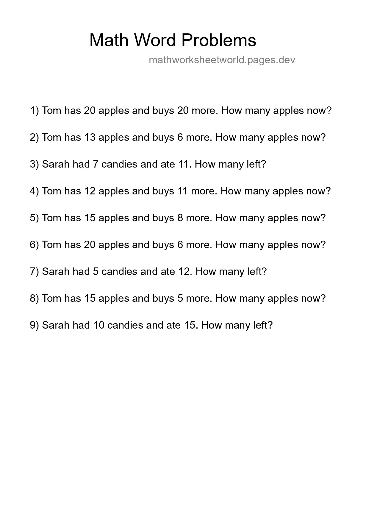 Math Word Problem Worksheet