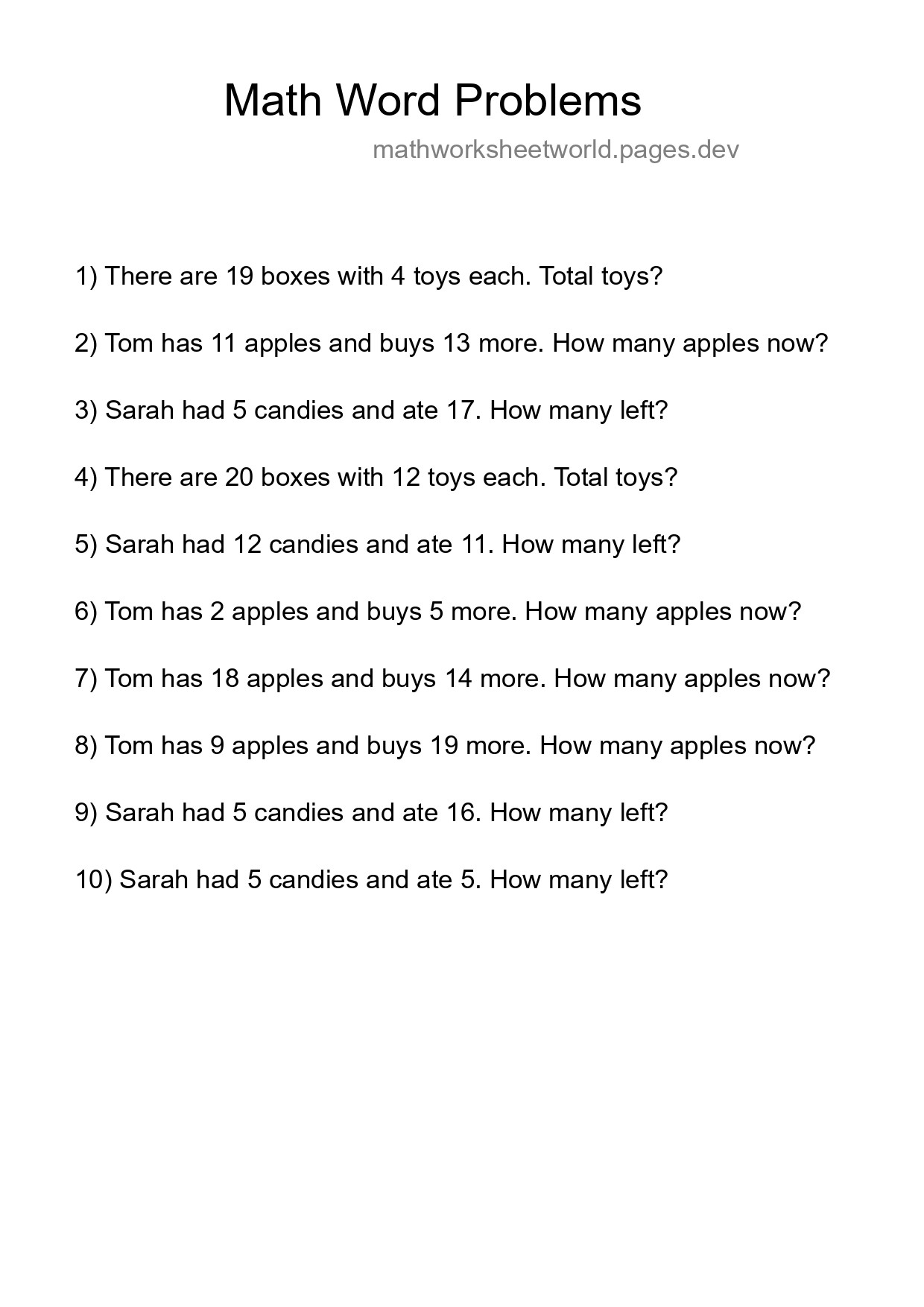 Math Word Problem Worksheet