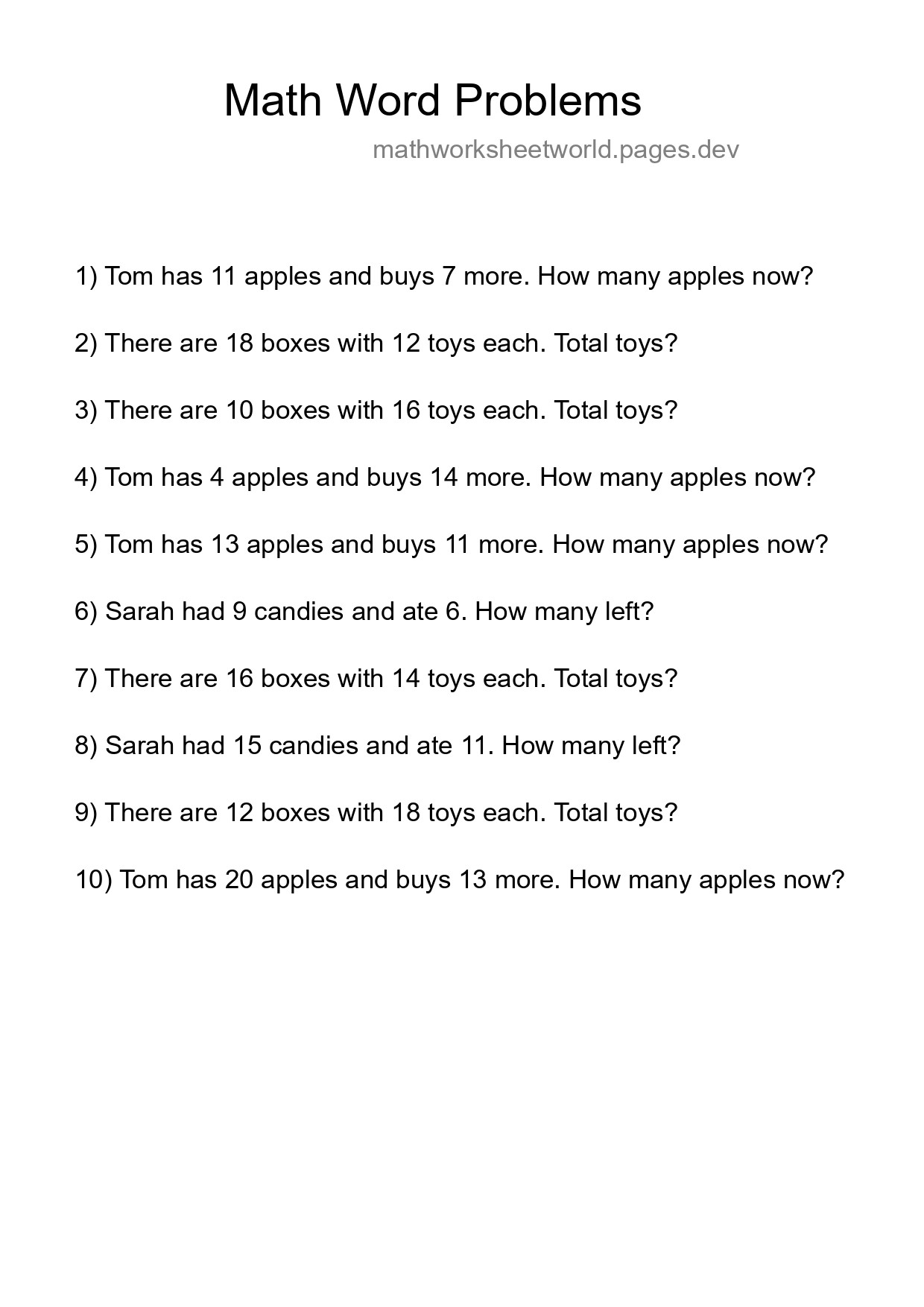 Math Word Problem Worksheet