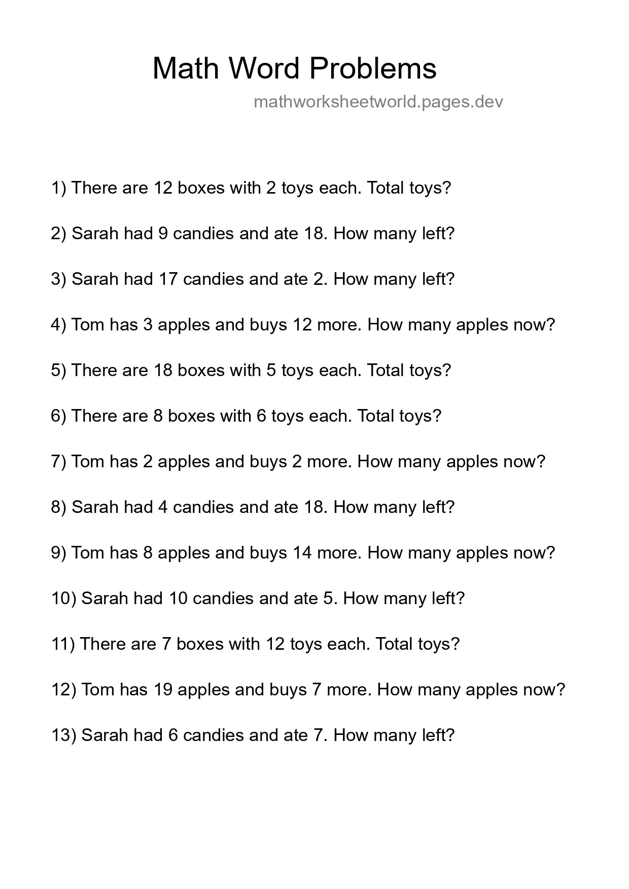 Math Word Problem Worksheet