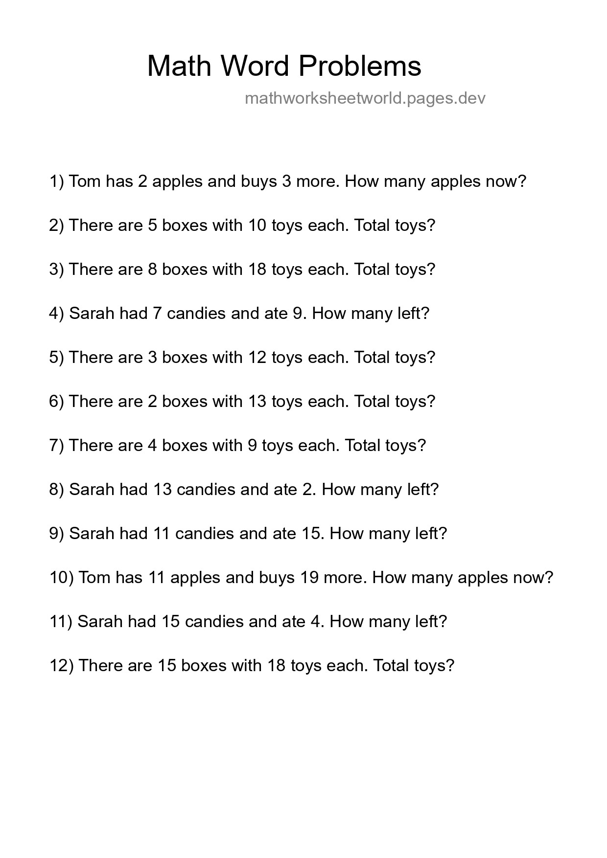 Math Word Problem Worksheet