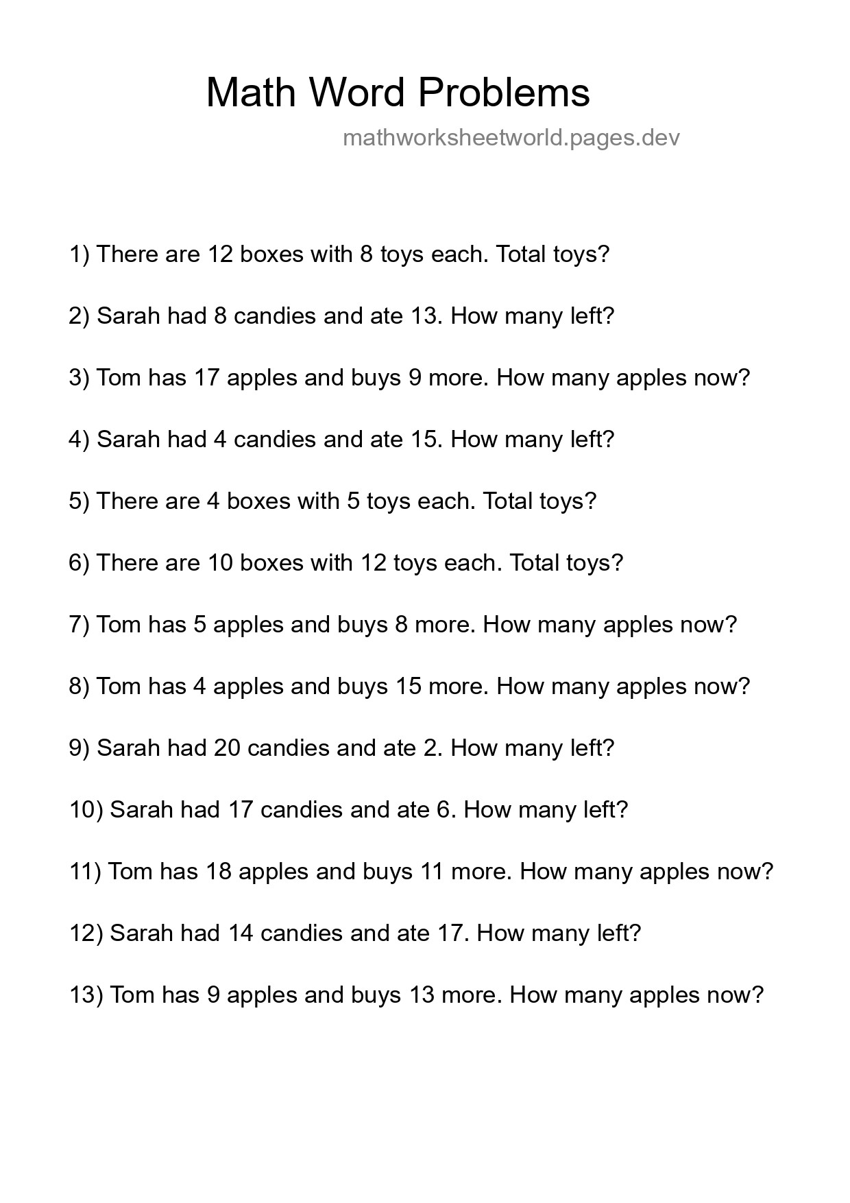 Math Word Problem Worksheet