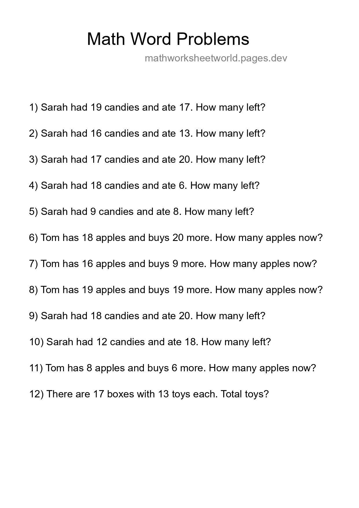 Math Word Problem Worksheet
