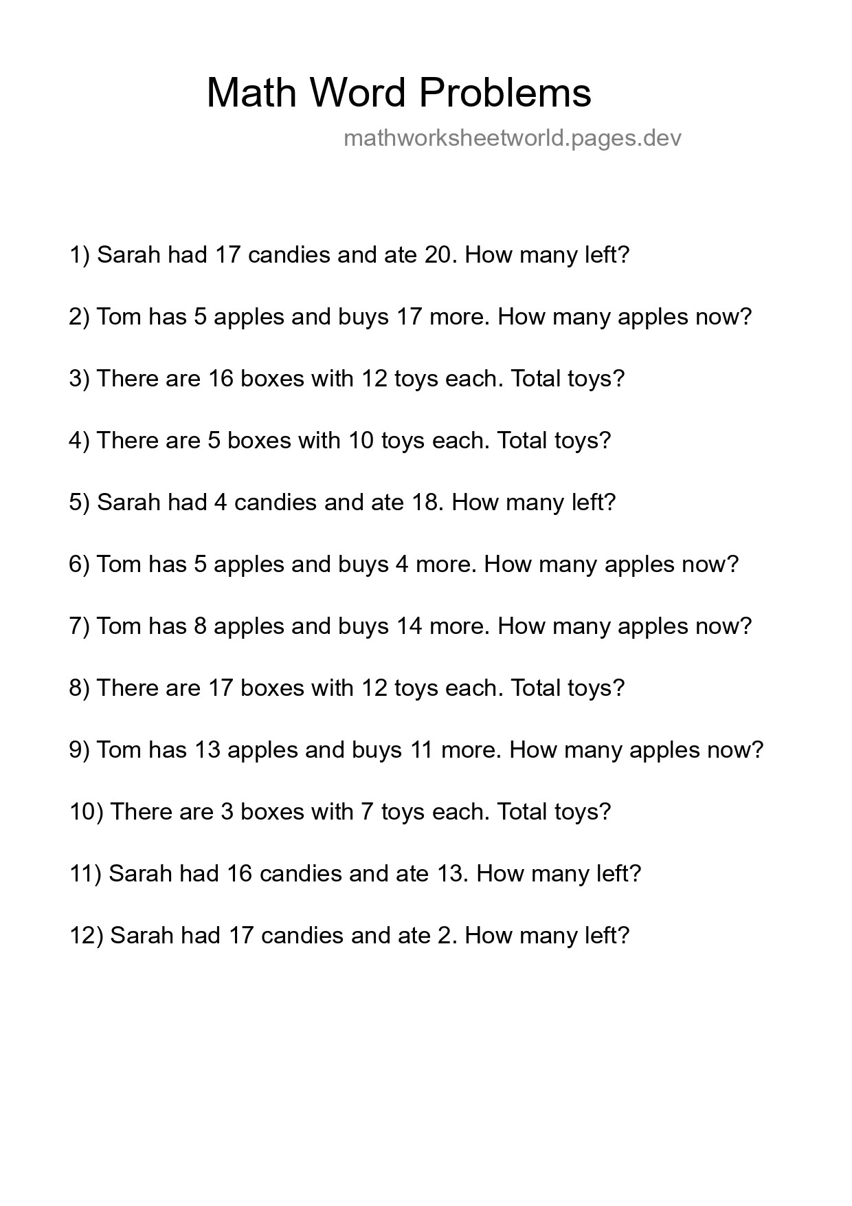 Math Word Problem Worksheet