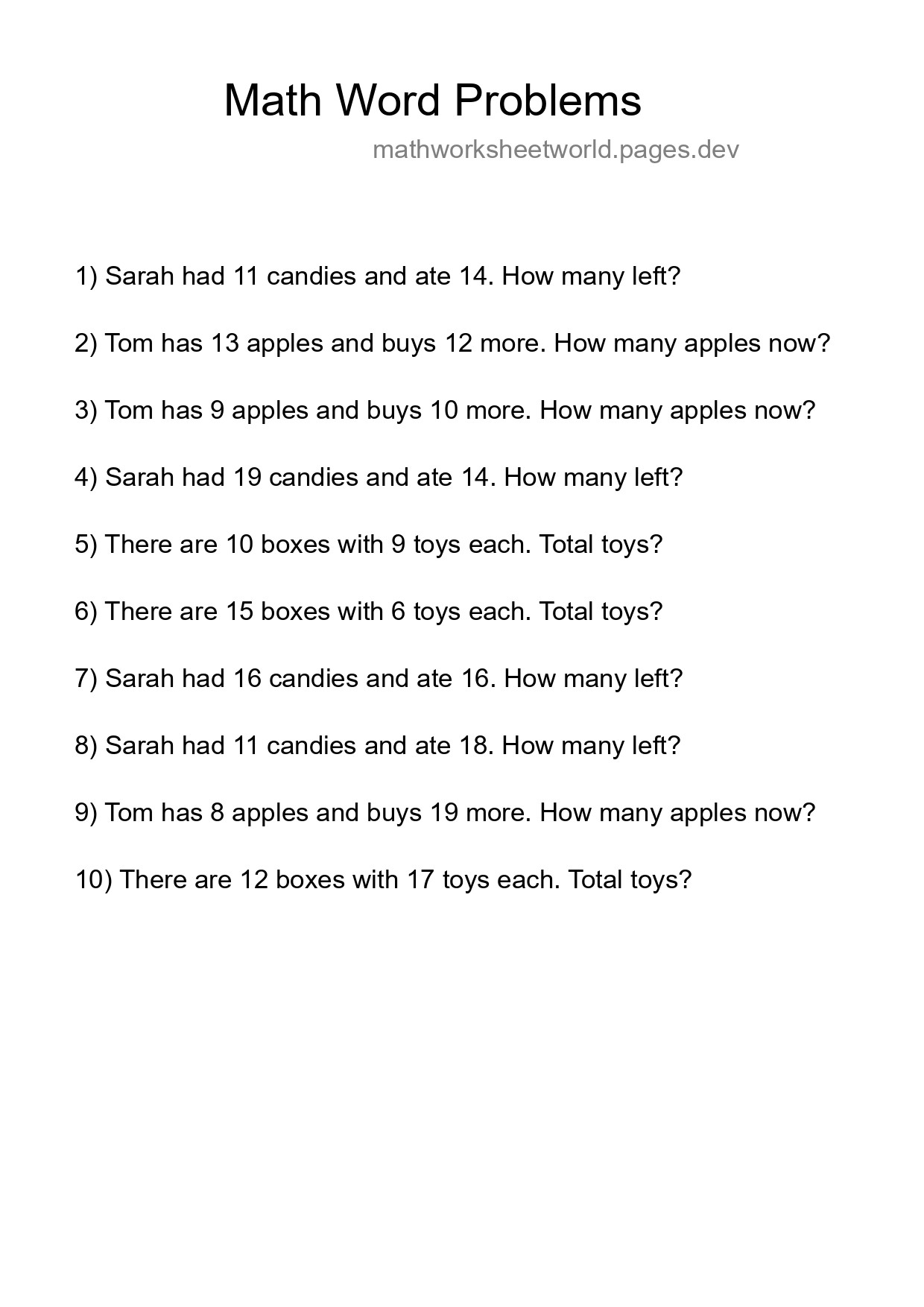 Math Word Problem Worksheet