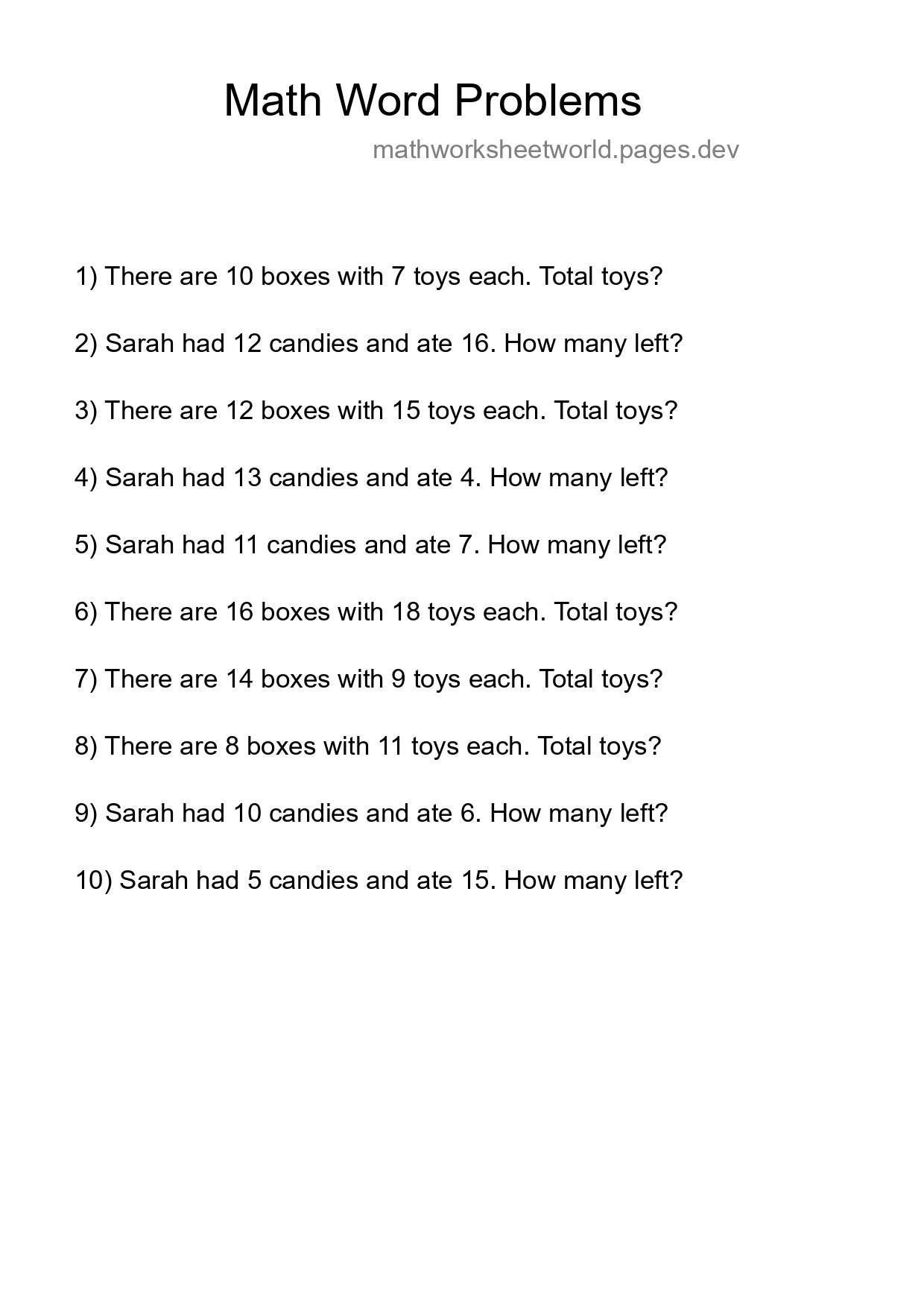 Math Word Problem Worksheet