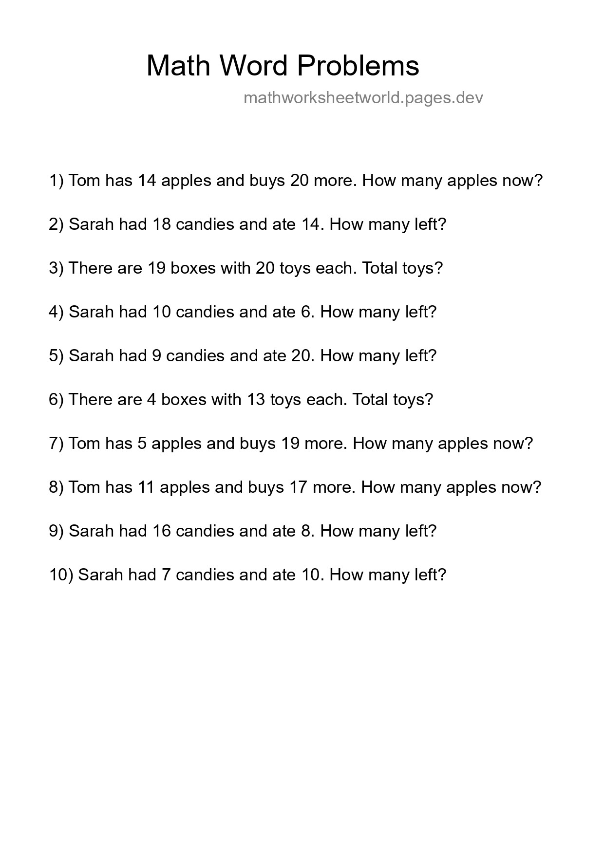Math Word Problem Worksheet
