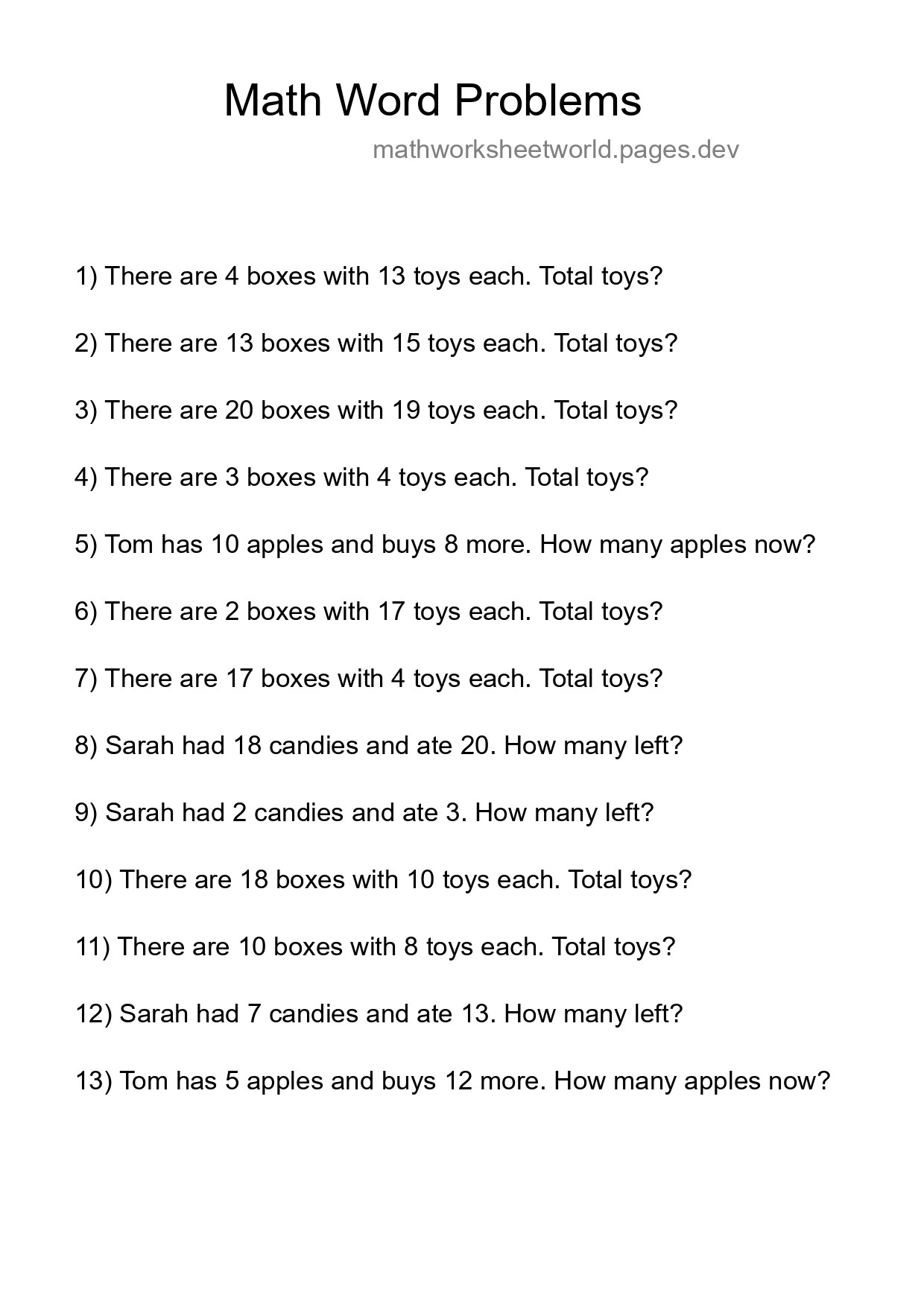 Math Word Problem Worksheet