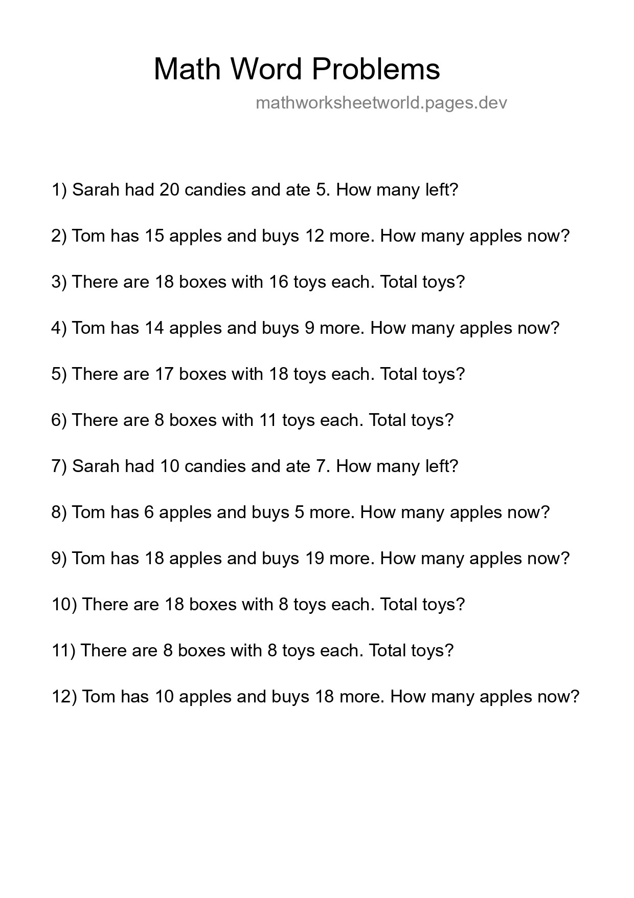 Math Word Problem Worksheet