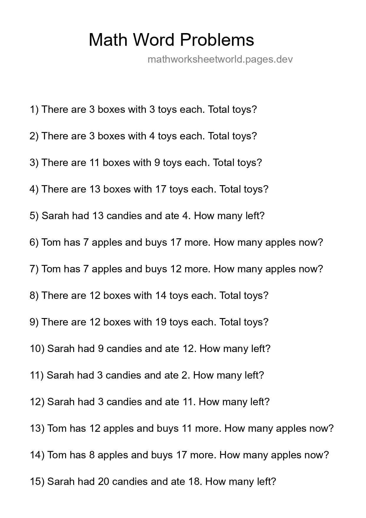 Math Word Problem Worksheet