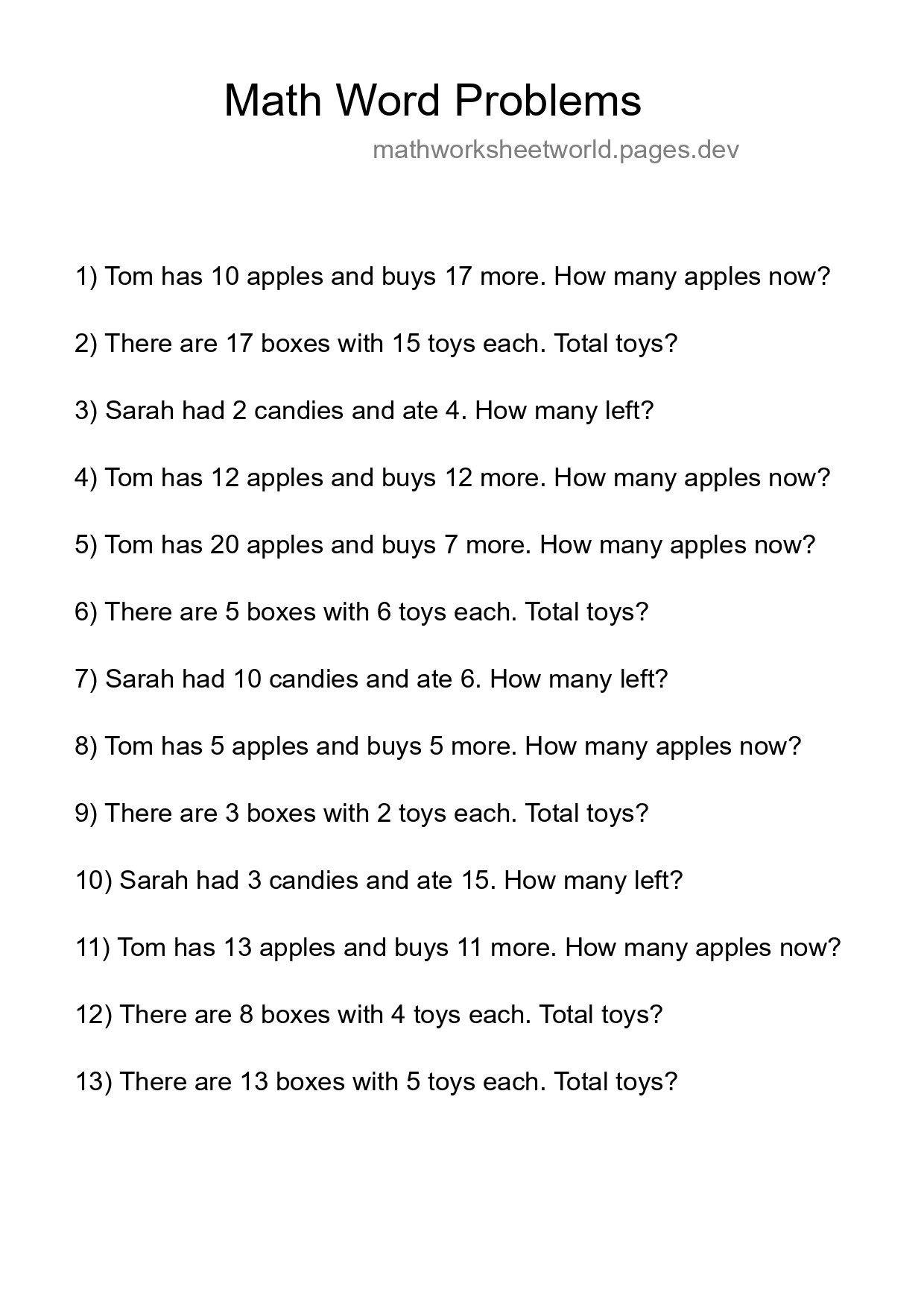 Math Word Problem Worksheet