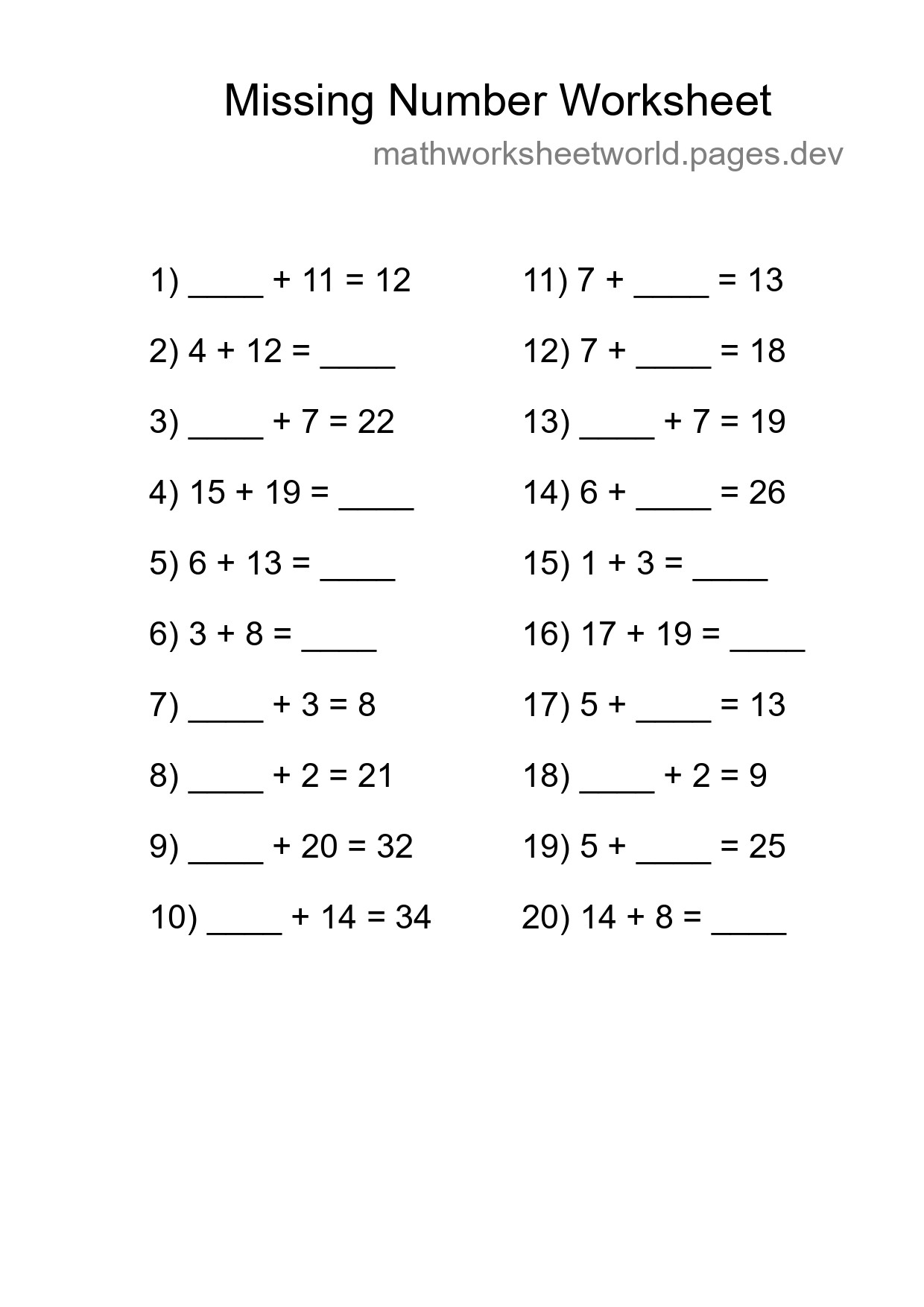 Missing Number Math Worksheet