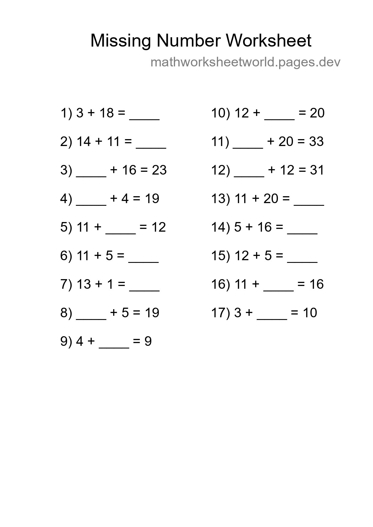 Missing Number Math Worksheet