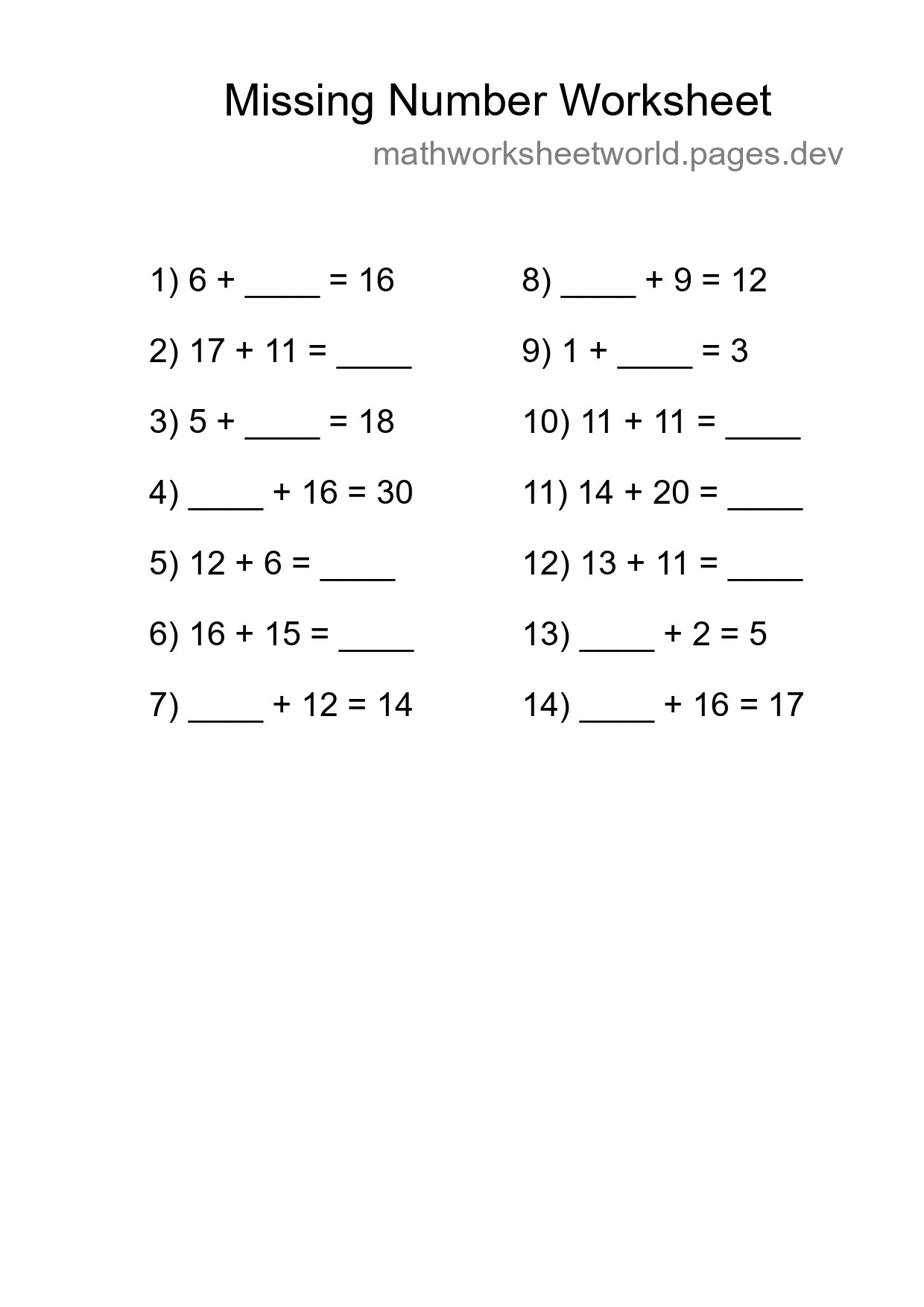 Missing Number Math Worksheet