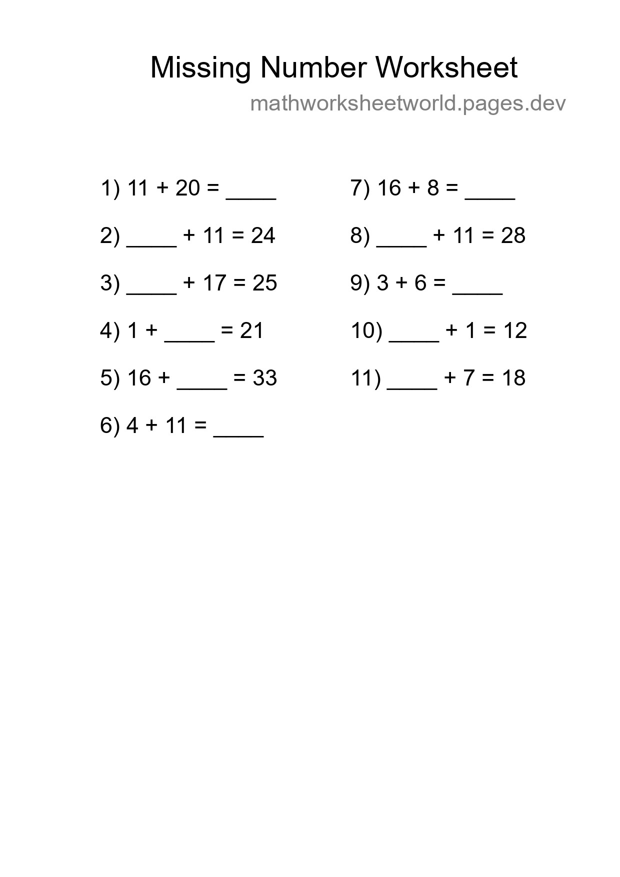 Missing Number Math Worksheet