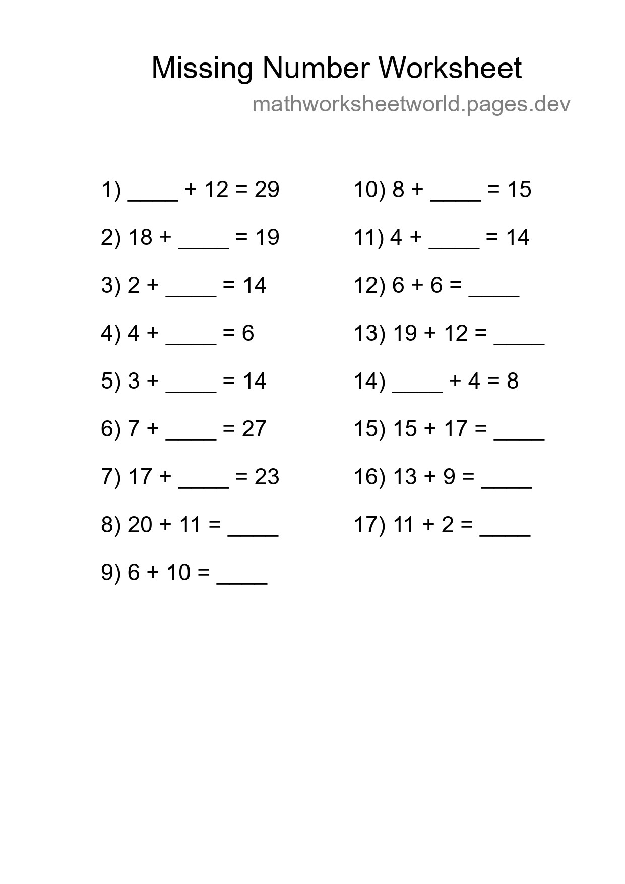 Missing Number Math Worksheet
