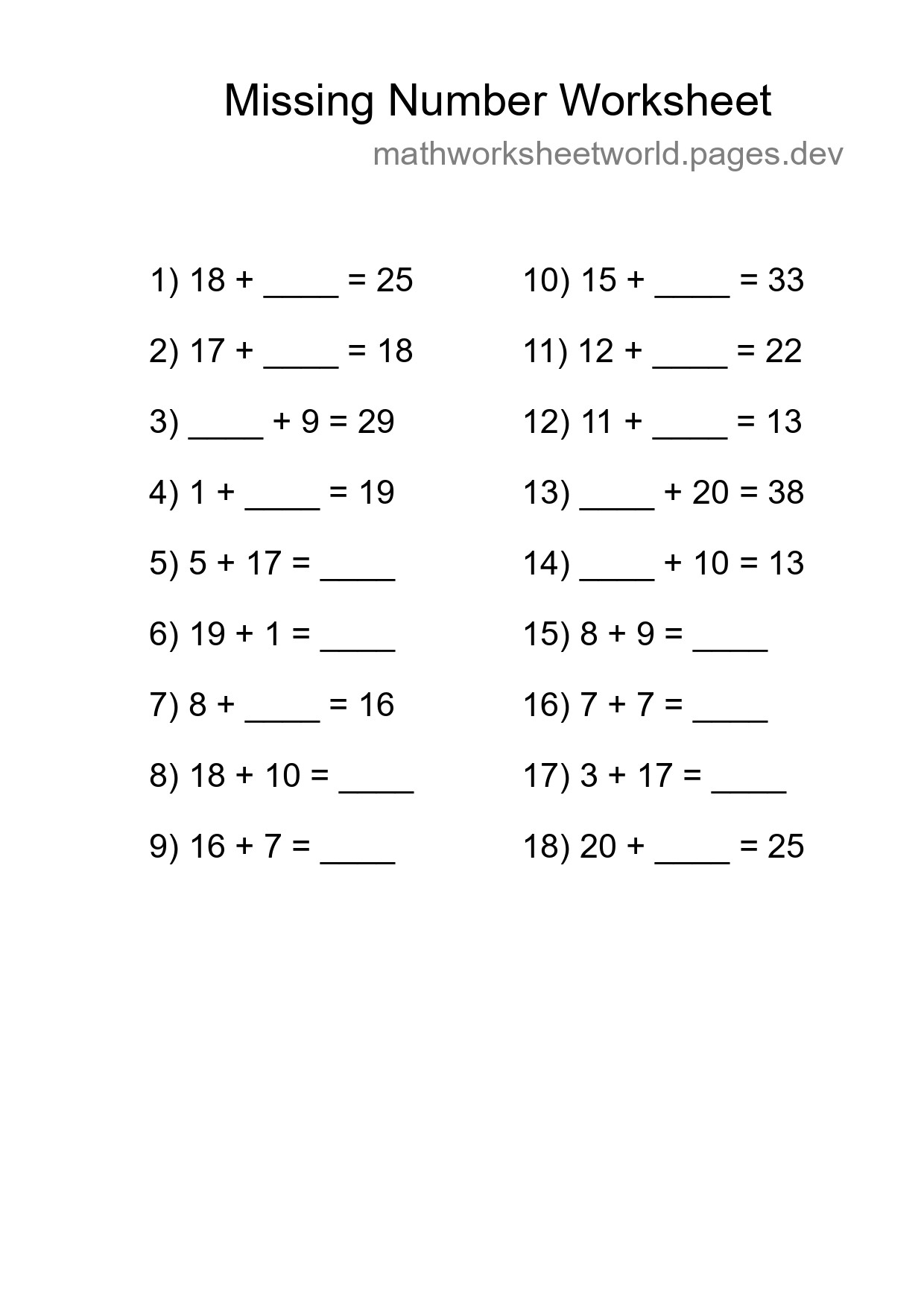 Missing Number Math Worksheet