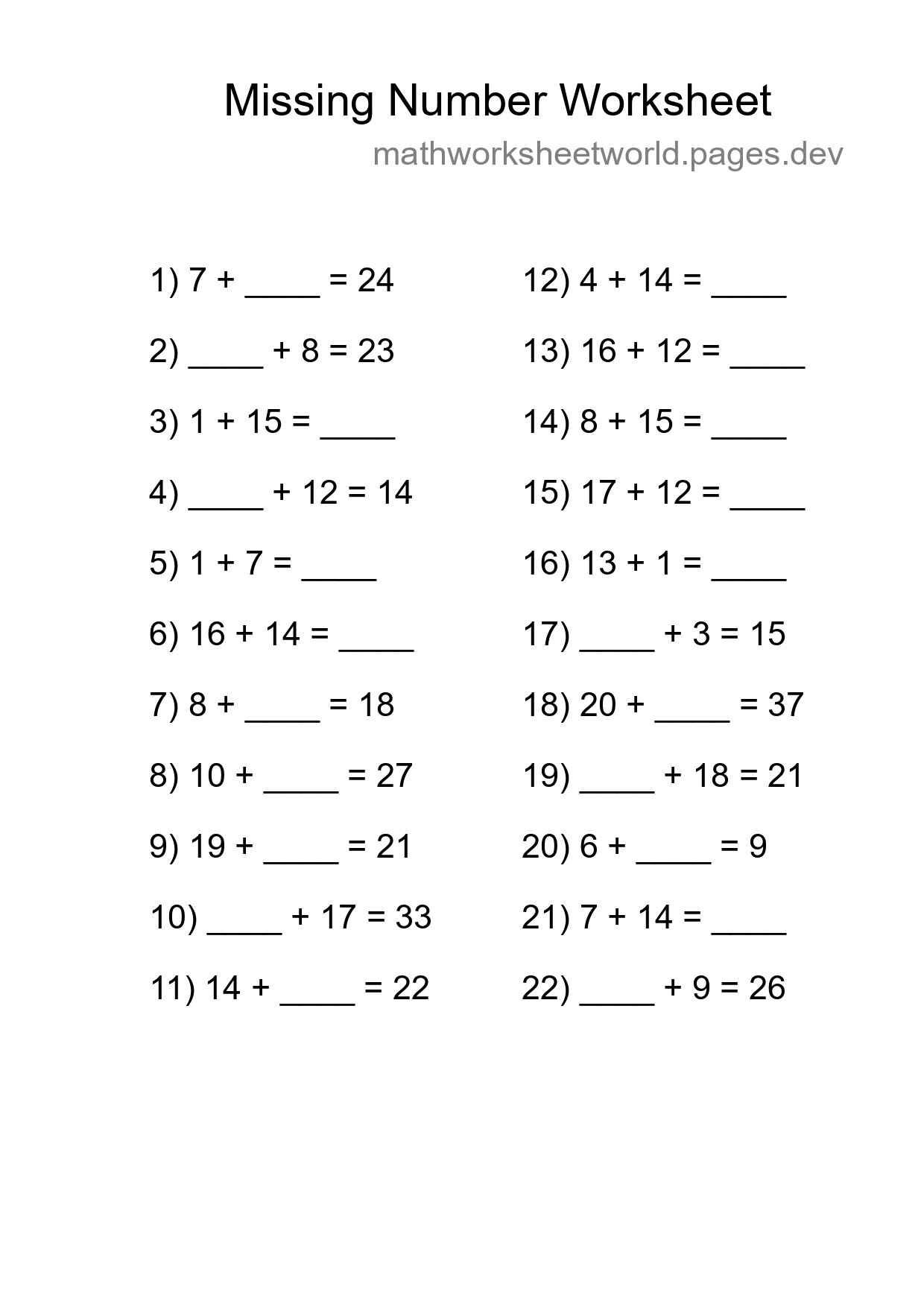 Missing Number Math Worksheet