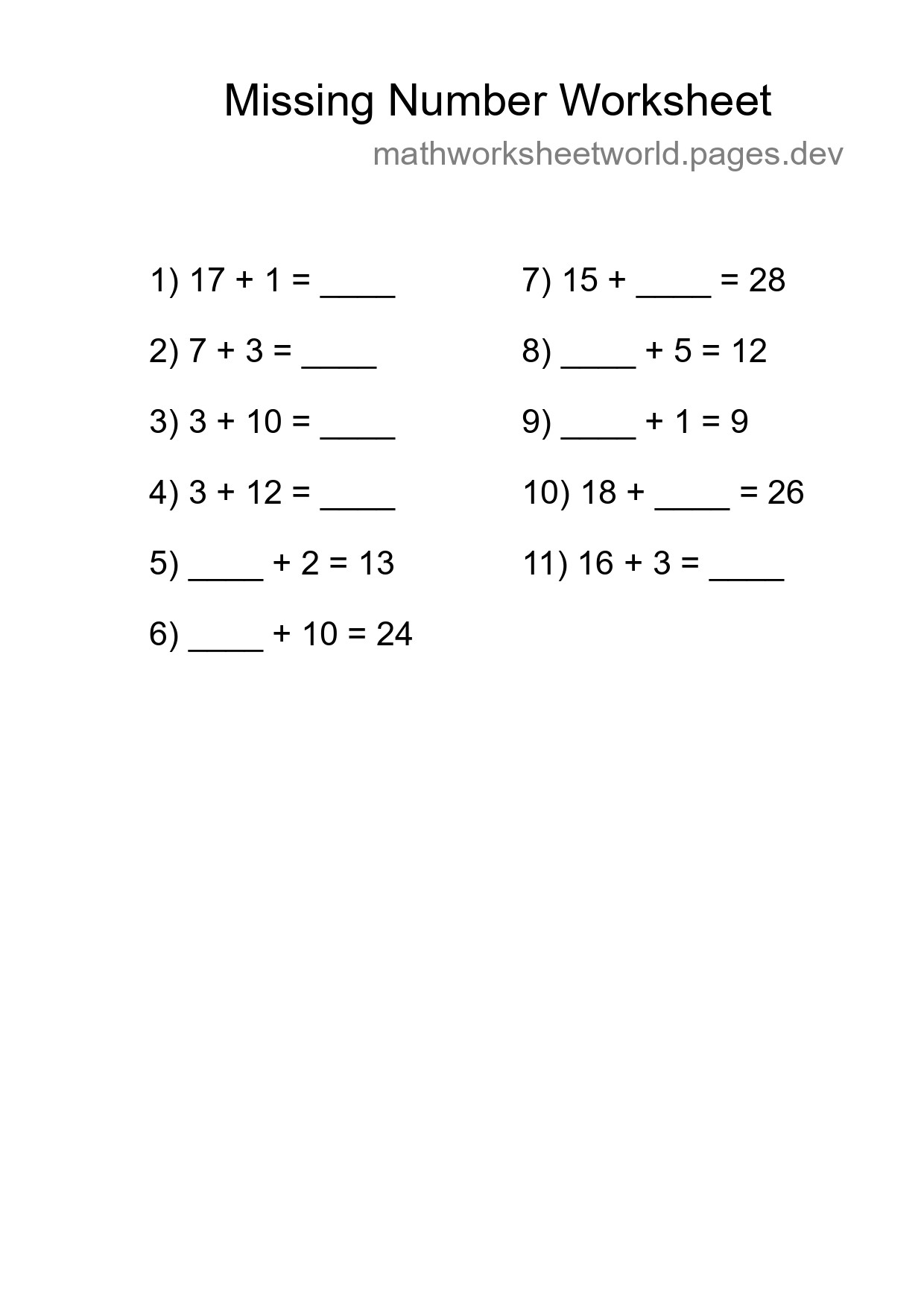Missing Number Math Worksheet