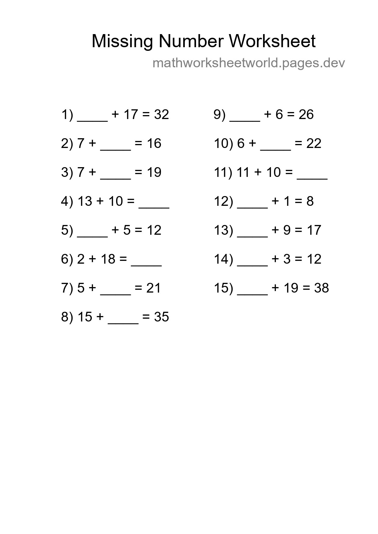 Missing Number Math Worksheet