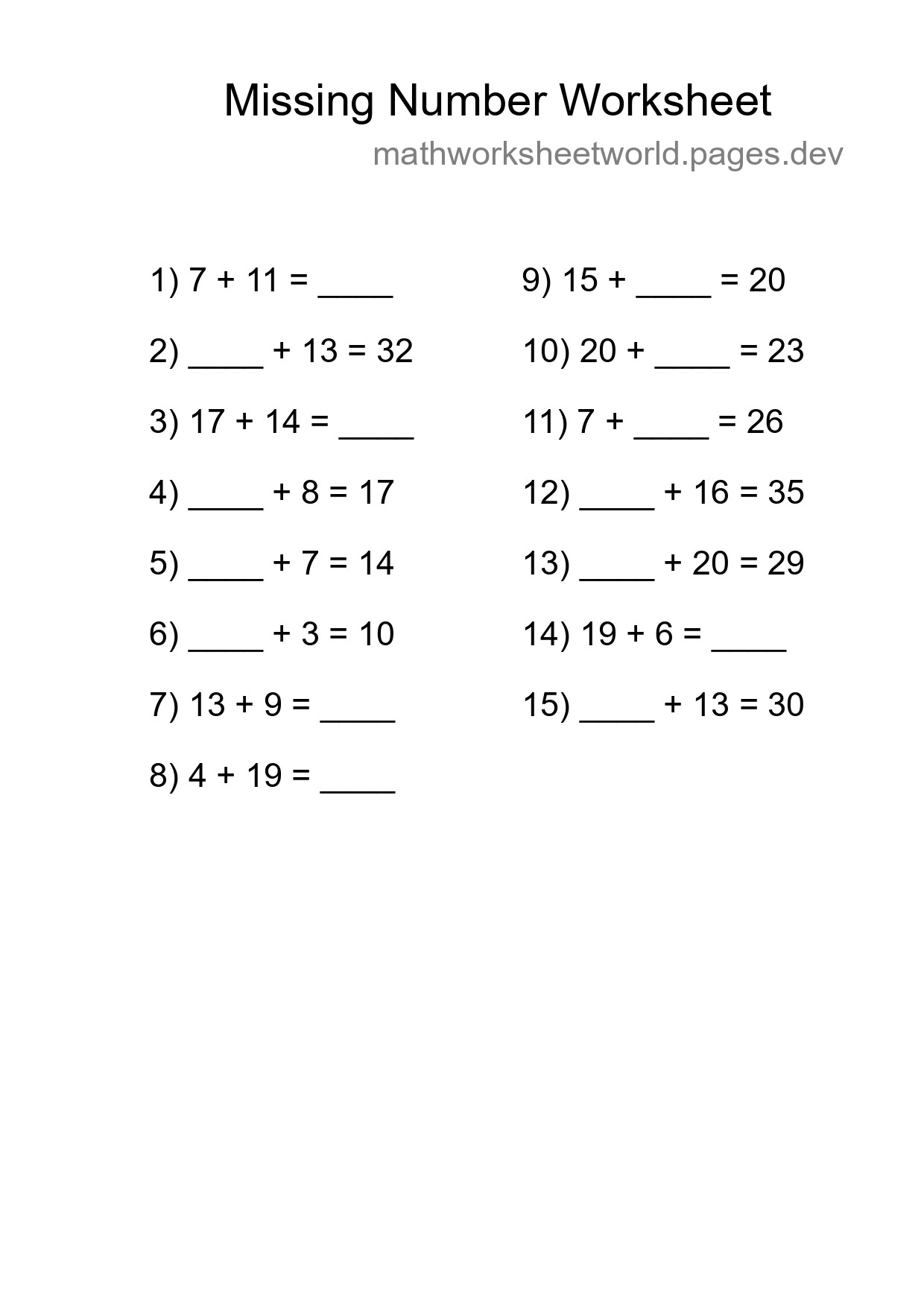 Missing Number Math Worksheet
