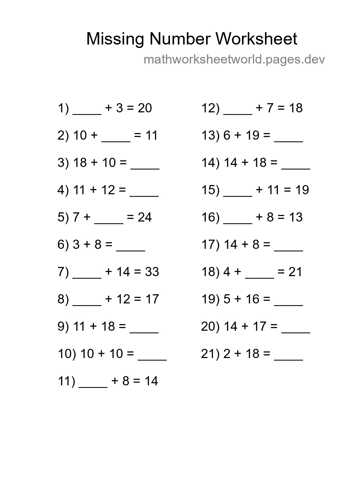 Missing Number Math Worksheet