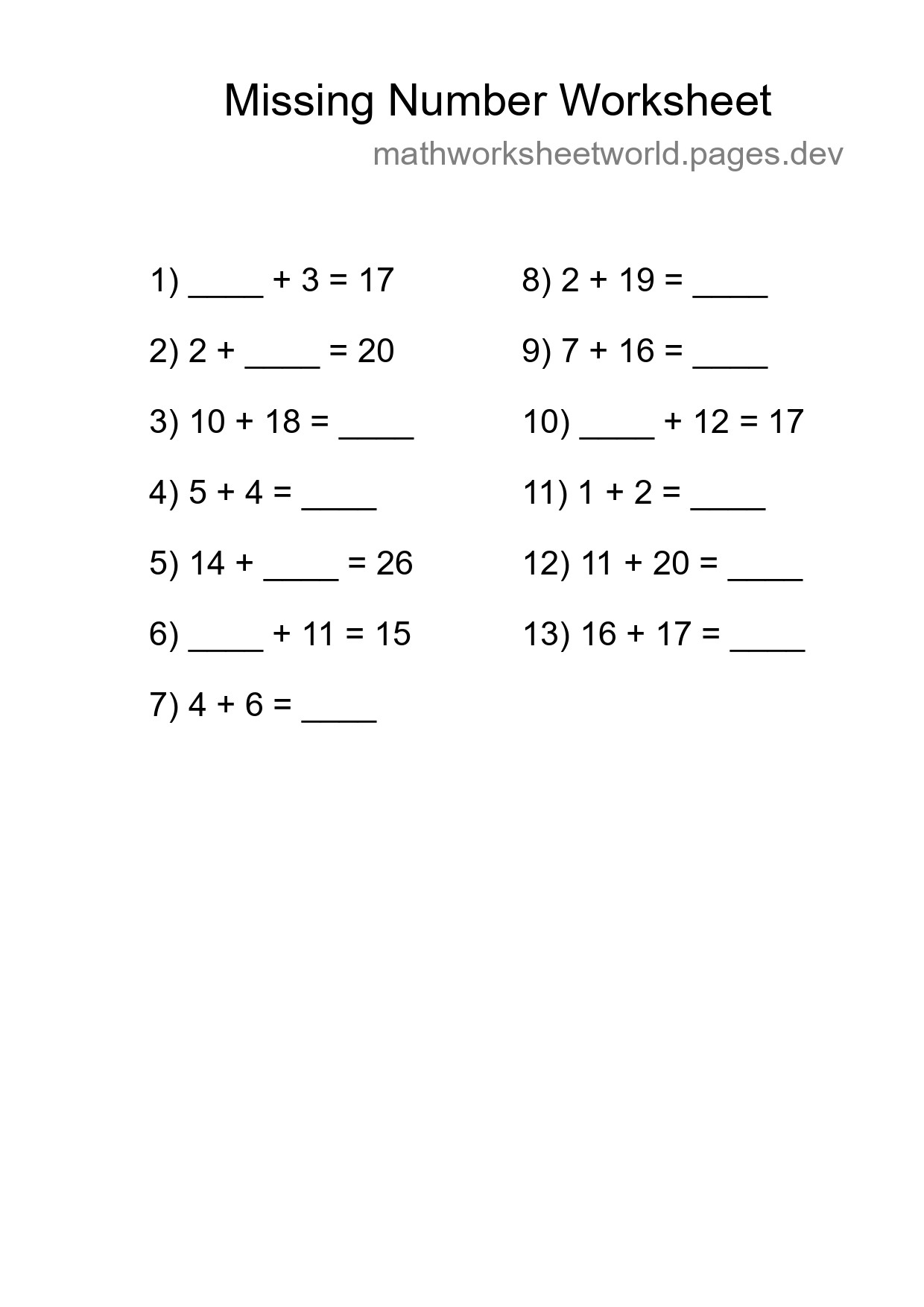 Missing Number Math Worksheet