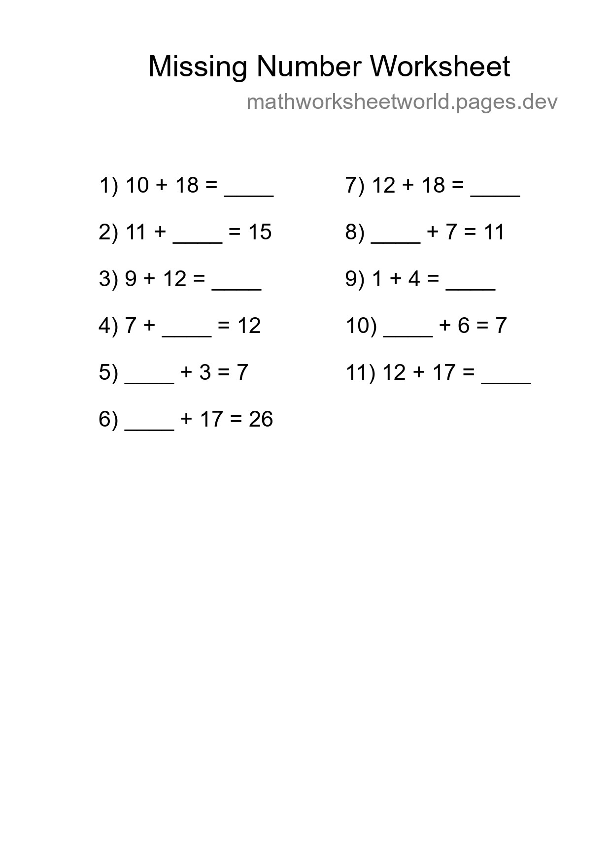 Missing Number Math Worksheet