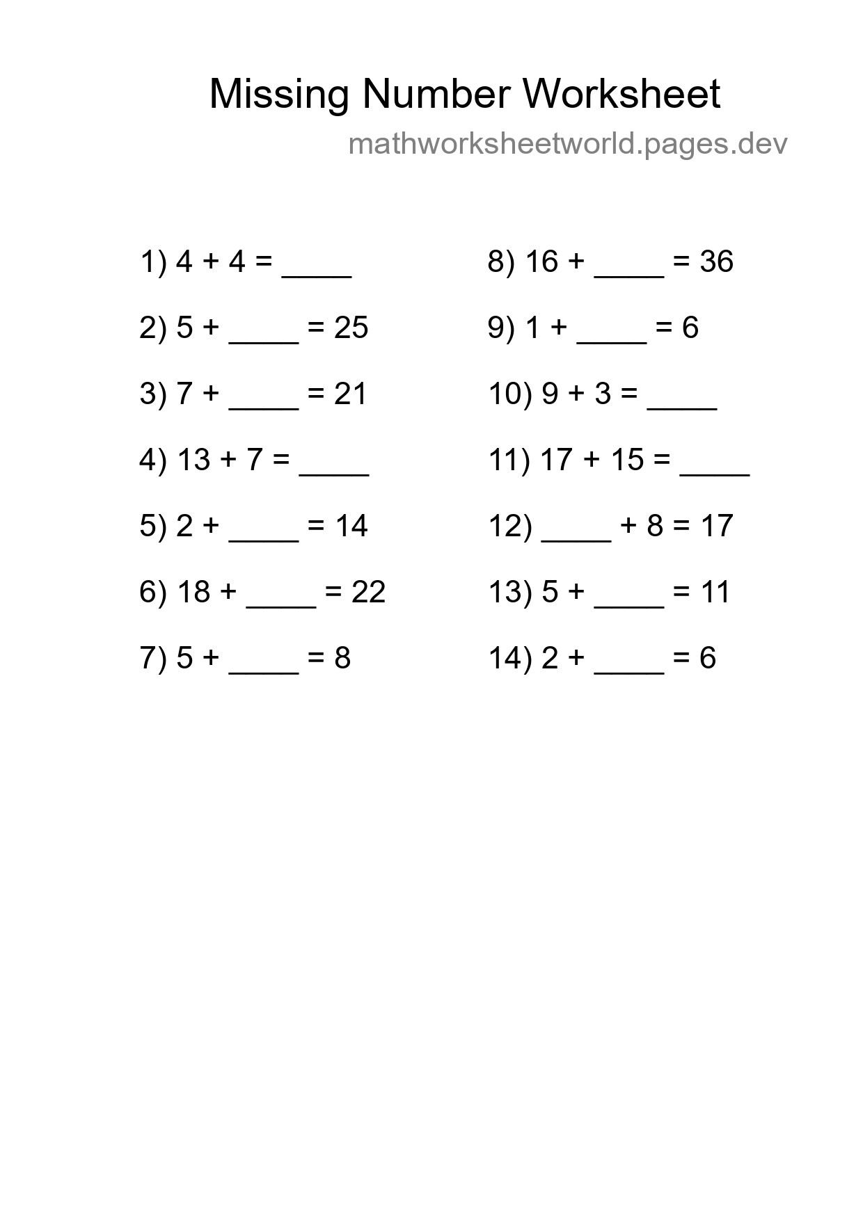 Missing Number Math Worksheet