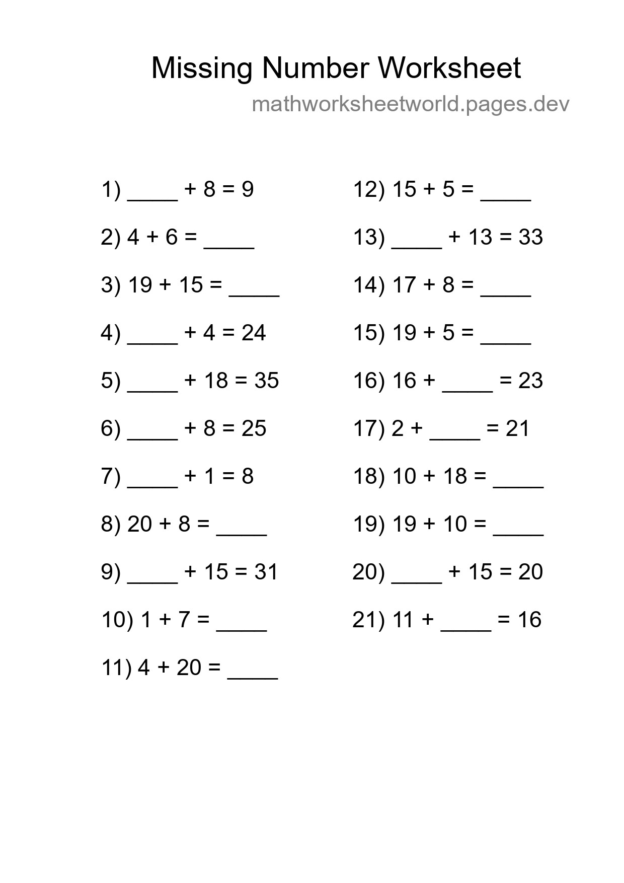 Missing Number Math Worksheet