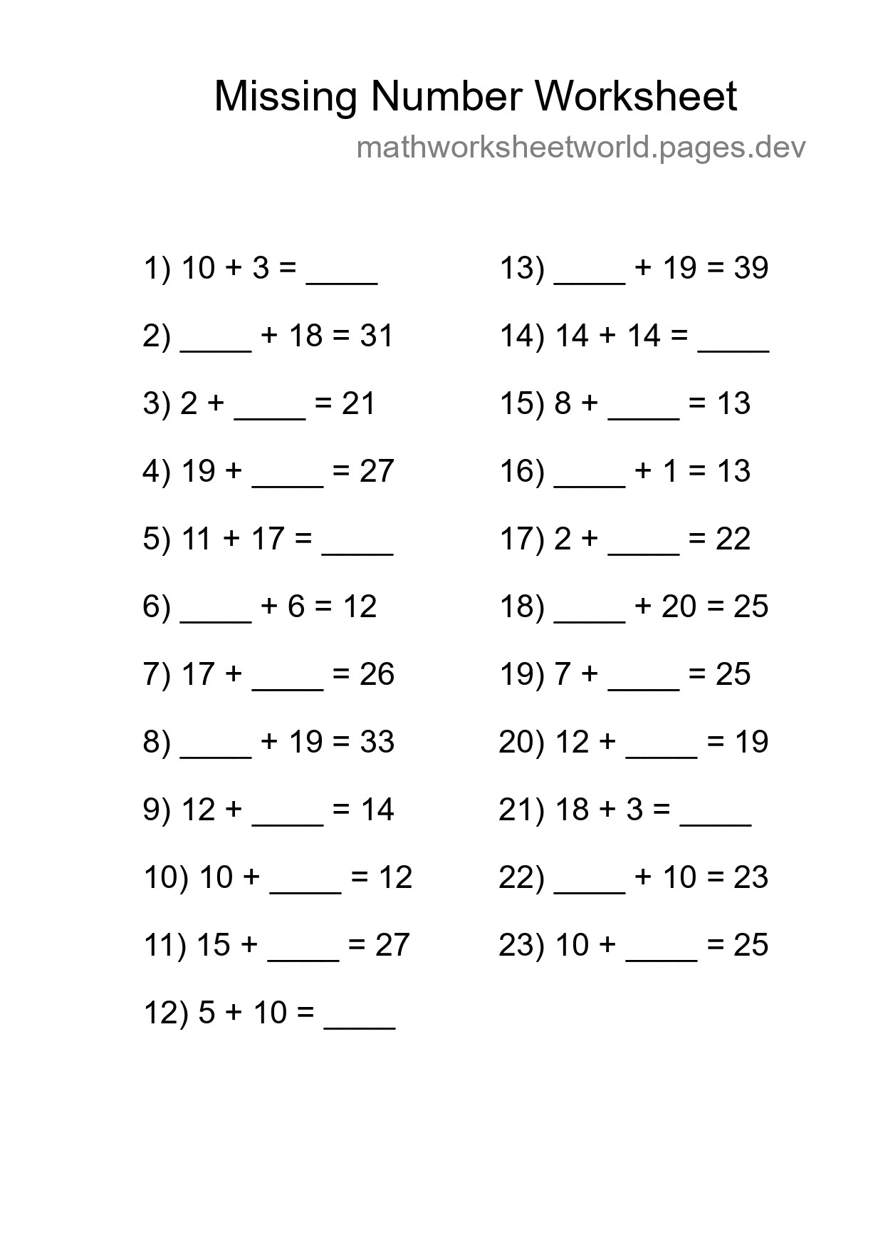 Missing Number Math Worksheet