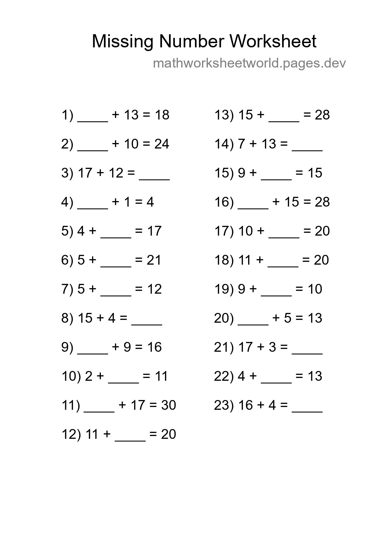 Missing Number Math Worksheet