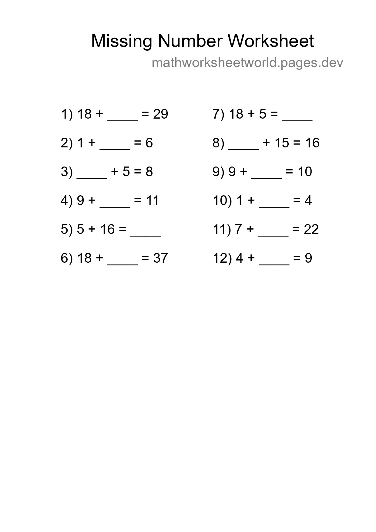 Missing Number Math Worksheet