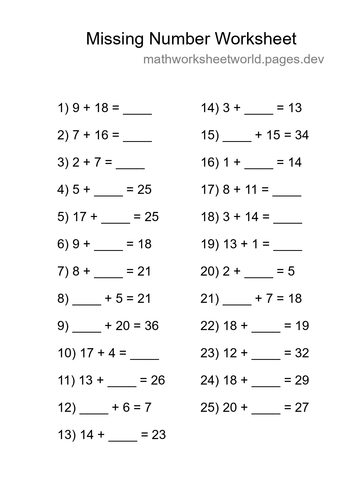 Missing Number Math Worksheet