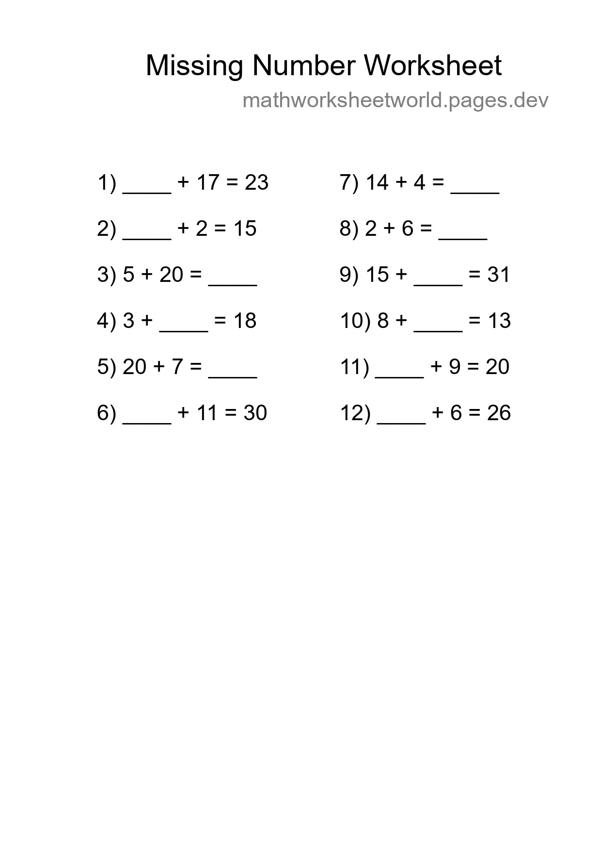 Missing Number Math Worksheet
