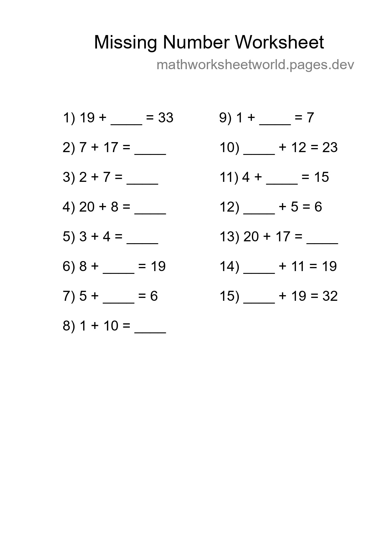 Missing Number Math Worksheet