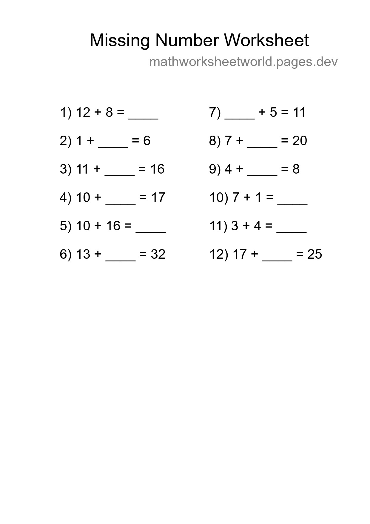 Missing Number Math Worksheet