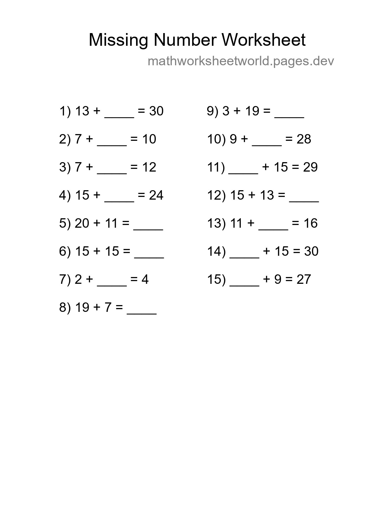Missing Number Math Worksheet