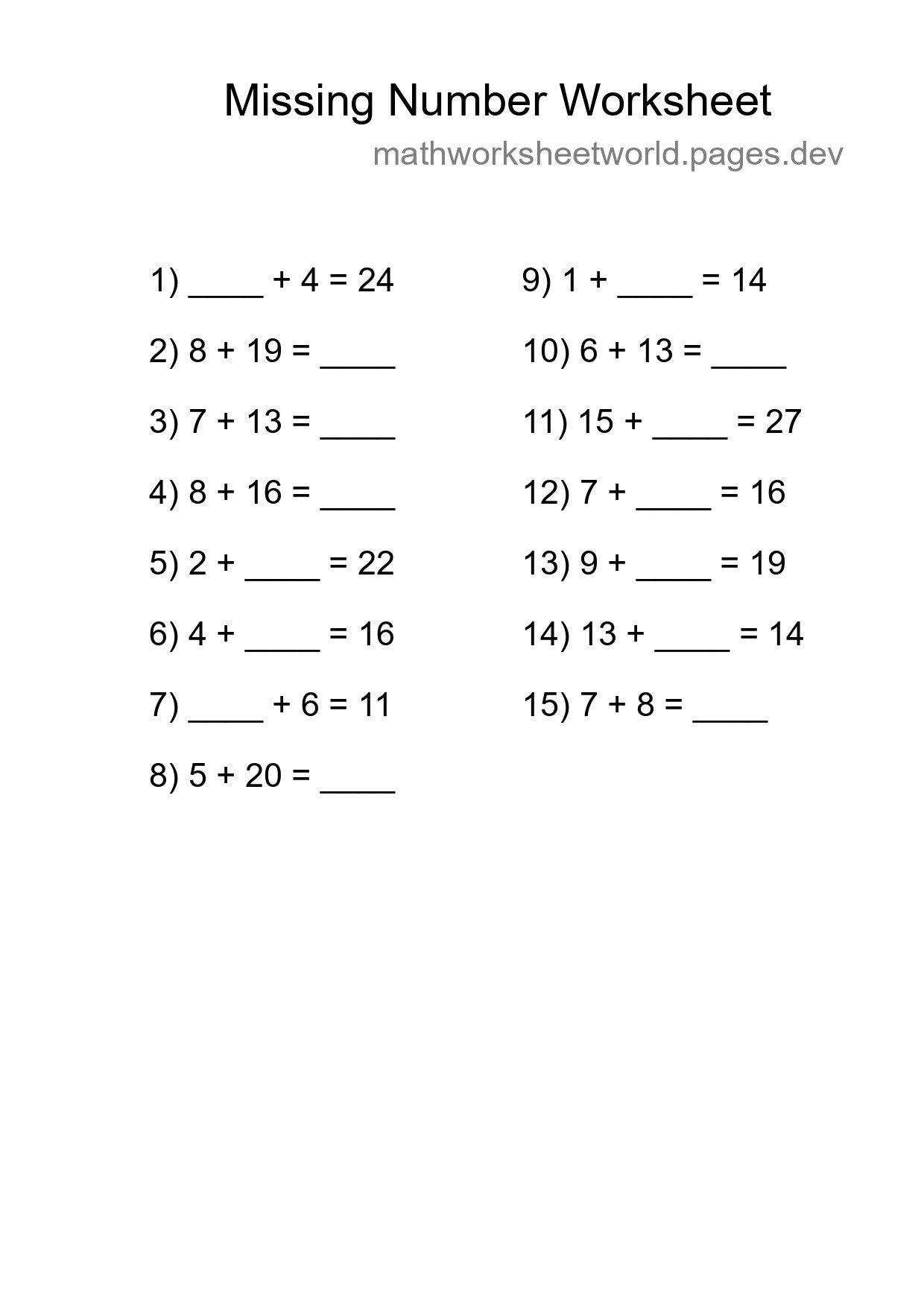 Missing Number Math Worksheet