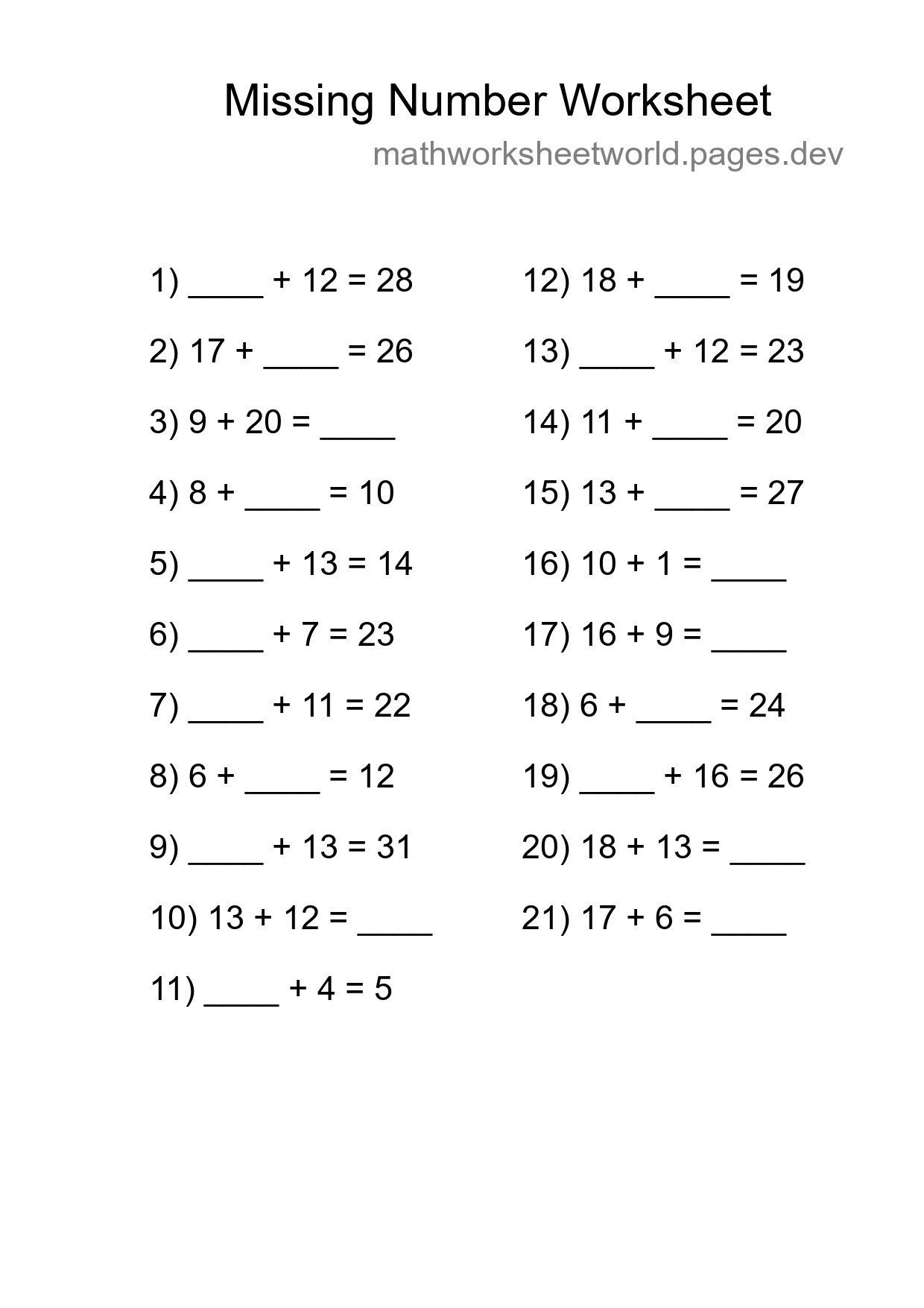 Missing Number Math Worksheet