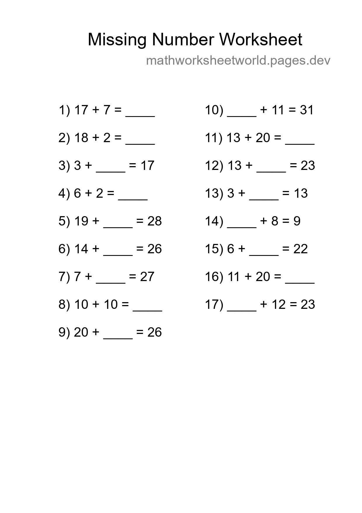 Missing Number Math Worksheet