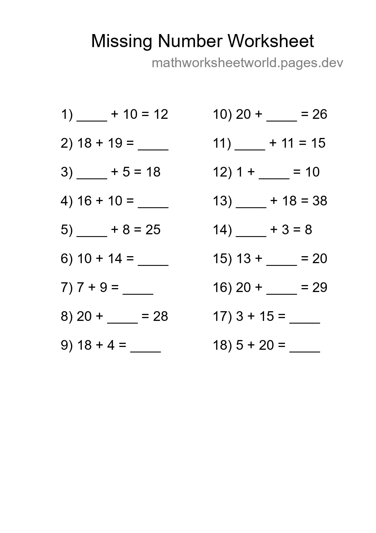 Missing Number Math Worksheet