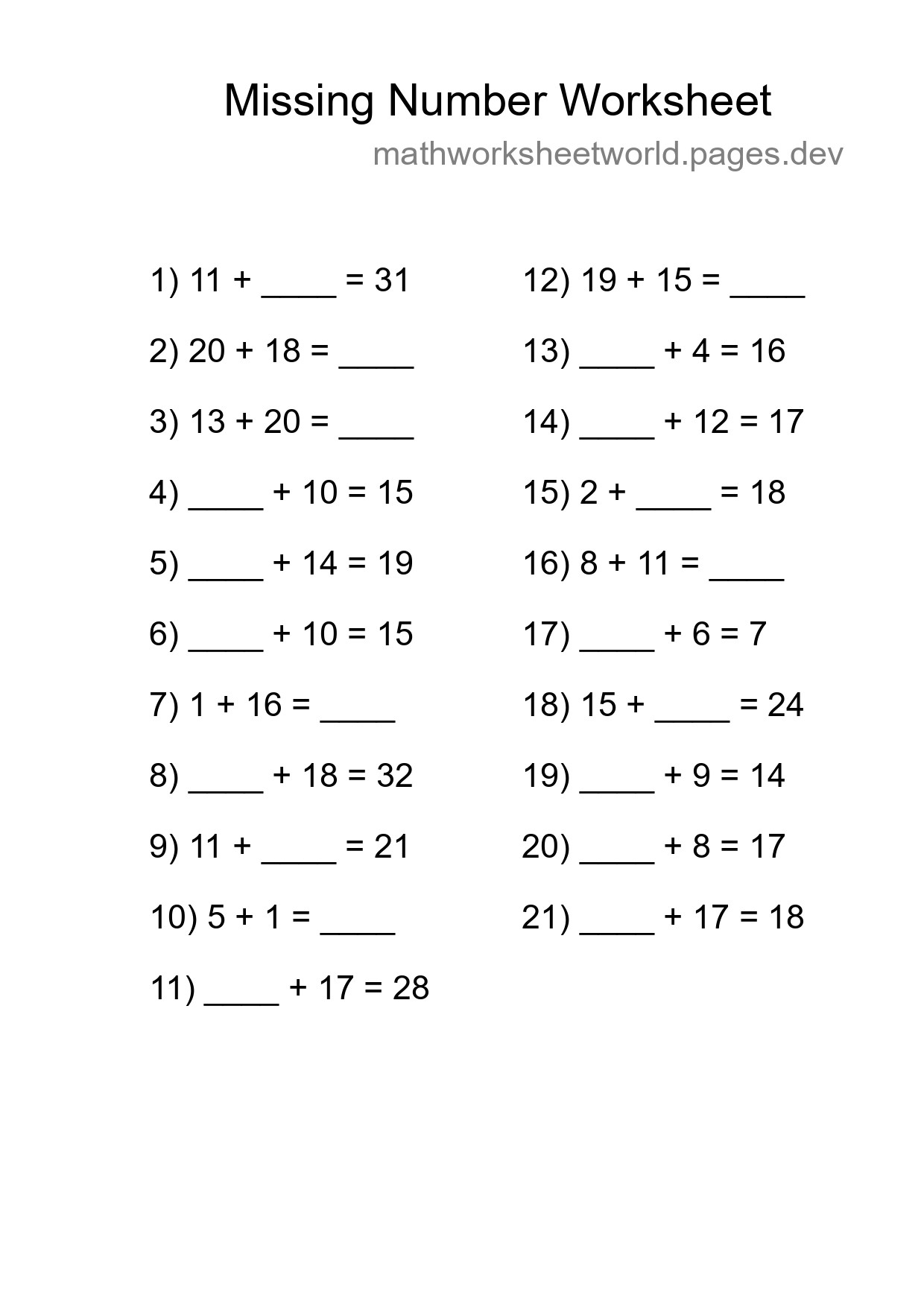 Missing Number Math Worksheet