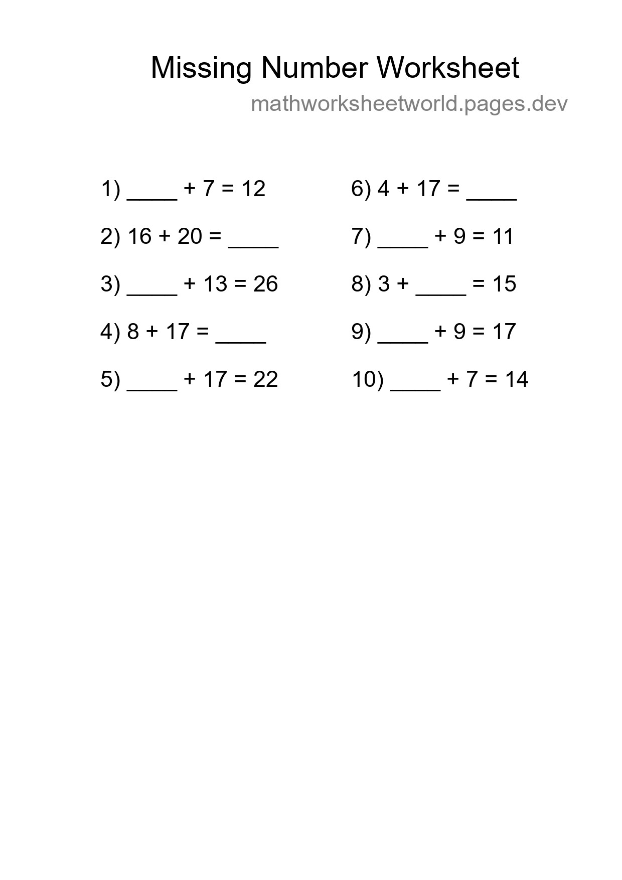 Missing Number Math Worksheet