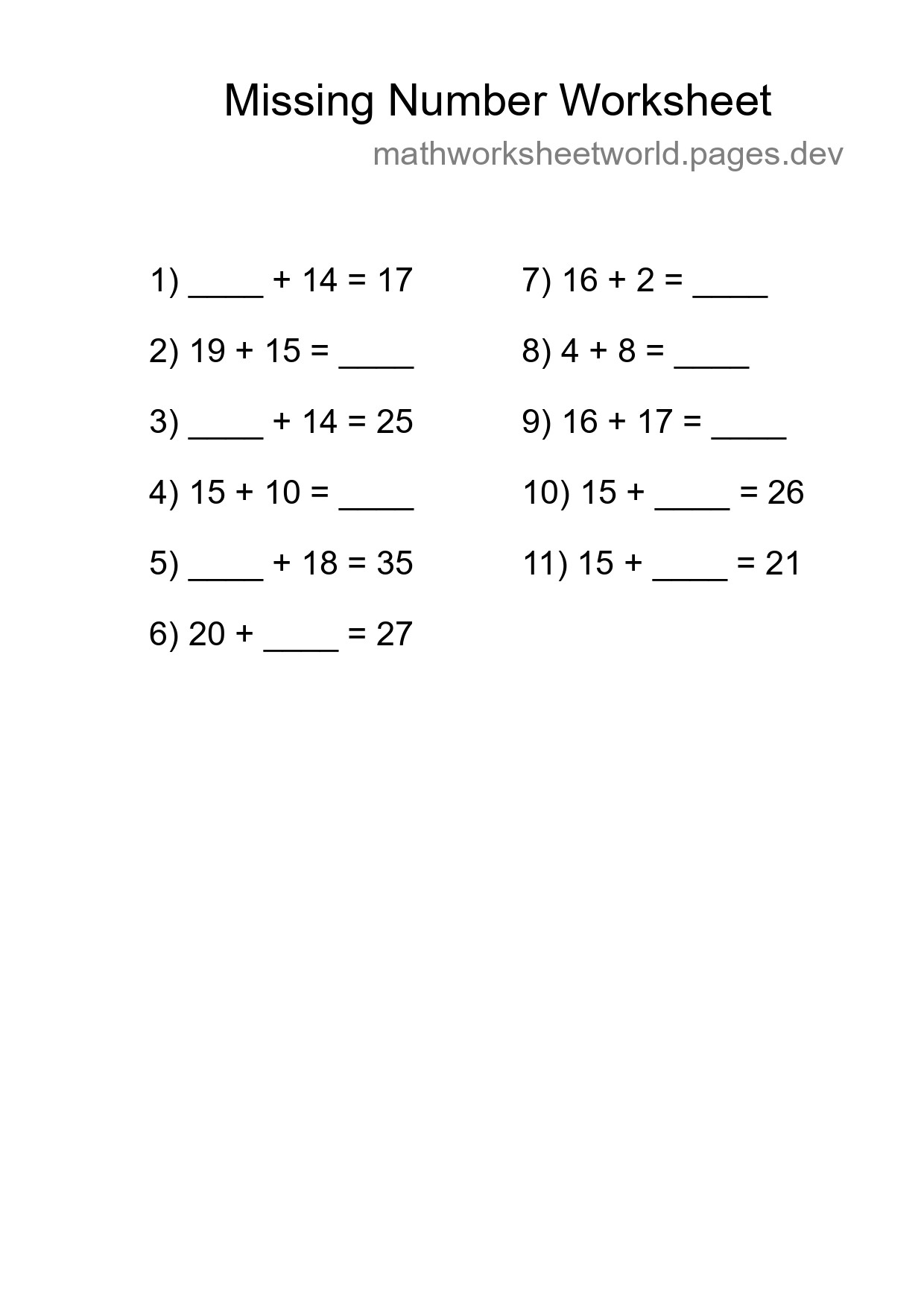 Missing Number Math Worksheet