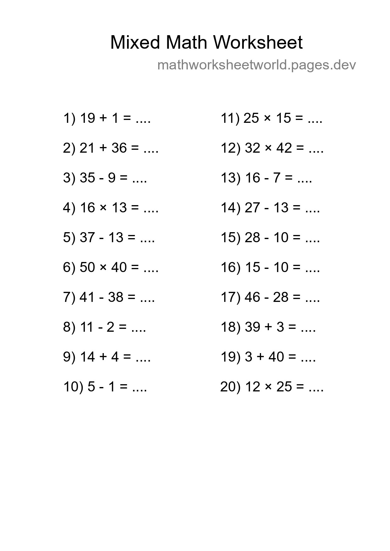 Mixed Operations Math Worksheet