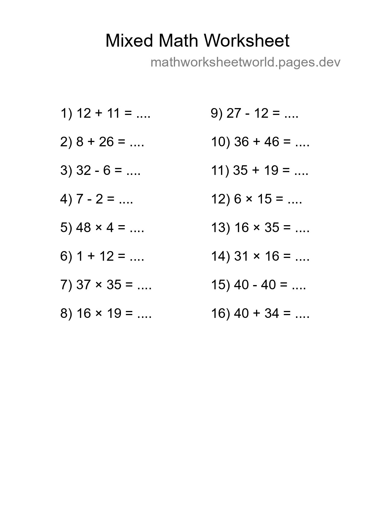 Mixed Operations Math Worksheet