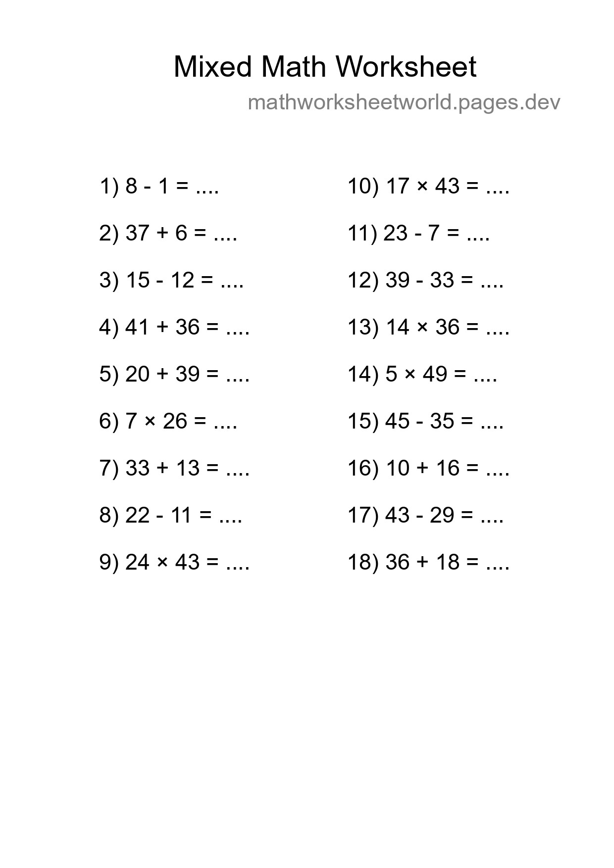 Mixed Operations Math Worksheet