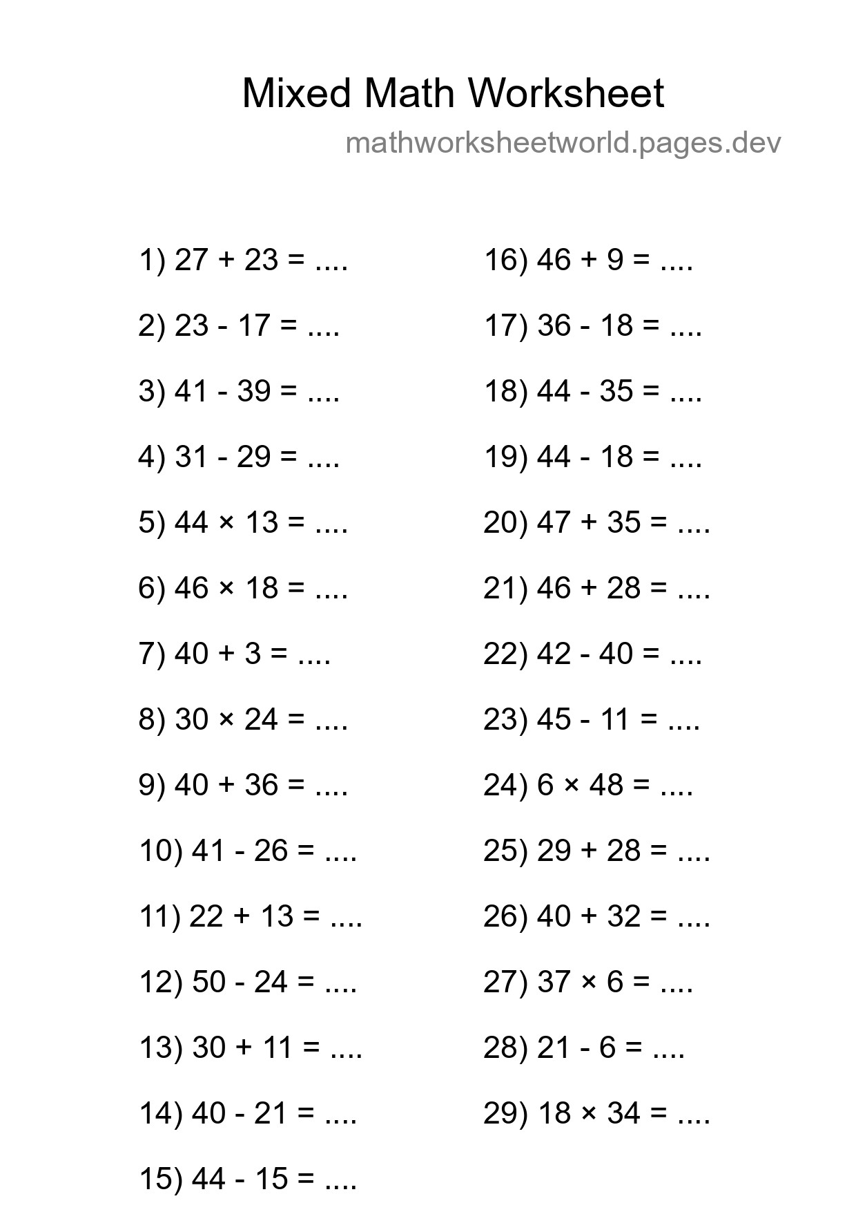 Mixed Operations Math Worksheet