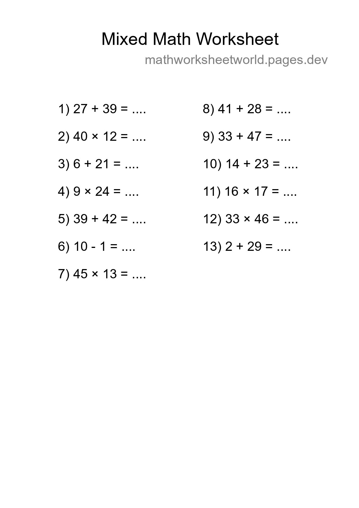 Mixed Operations Math Worksheet